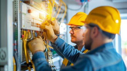 Wall Mural - electrician and engineer work on an electrical circuit with many cables for communication and data transfer