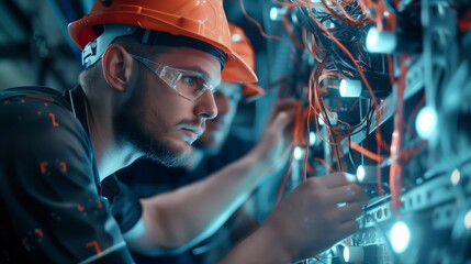 Wall Mural - electrician and engineer work on an electrical circuit with many cables for communication and data transfer