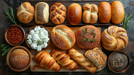 Delicious breads with poppy seeds, sesame and sunflower seeds are lying on a dark table