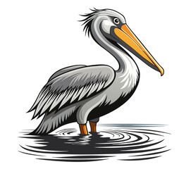 Vector illustration of a pelican standing in shallow water. Watercolor painting of a pelican clipart and icon.