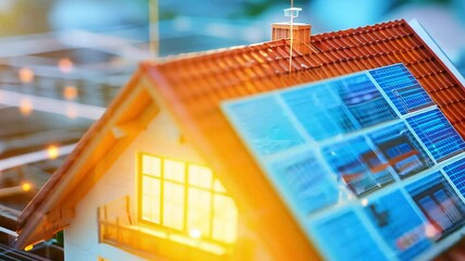 Futuristic smart home with solar panels on digital blueprint background