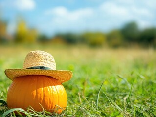 Harvest themed pumpkin with straw hat in green field