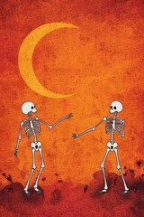 Two playful skeletons on an orange background with a crescent moon.