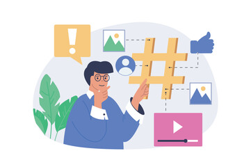 Poster - Social media concept in modern flat design for web. Man interacting with digital content and hashtags, likes friends photos in online profiles, communicating and leaving comments. Vector illustration.
