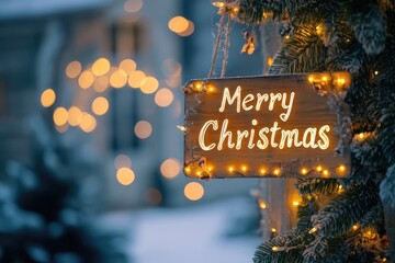 Wall Mural - Merry christmas sign hanging on a snowy christmas tree with lights at twilight