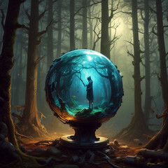 Realistic illustration of glowing wizzard globe in spooky forest.