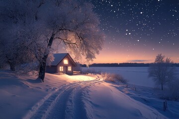 Wall Mural - Small wooden house covered by snow glowing under starry sky