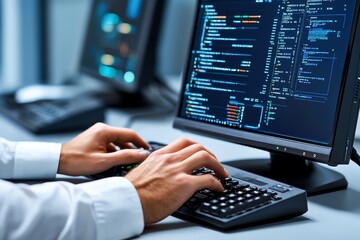 Aufkleber - Hyper-realistic depiction of a person using an old computer with a CRT monitor, capturing every detail of the keyboard and screen, representing early tech trends