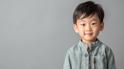 A cheerful young boy with a charming smile, wearing a traditional outfit against a soft gray background.