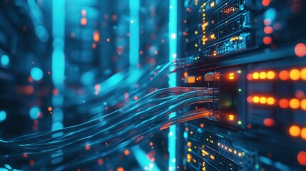 Poster - A close-up view of server racks with illuminated cables and lights, showcasing data technology.