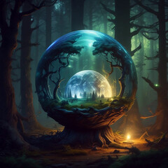 Realistic illustration of glowing wizzard globe in spooky forest.