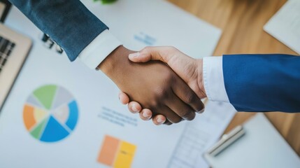Poster - Two people shaking hands over a business document and pie chart.
