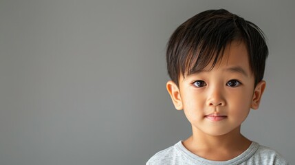 A close-up portrait of a young boy with short black hair, wearing a simple gray shirt, against a gray background, conveying innocence and curiosity.