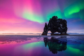 Wall Mural - Purple and green Northern lights over Basalt stack Hvitserkur on the Vatnsnes peninsula, Iceland. Gorgeous Icelandic landscape with Polar lights. Aurora Borealis