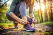 © Introvertia - Woman preparing for run tying shoelaces in forest