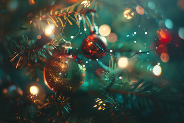 christmas tree with baubles and blurred shiny light. High quality photo