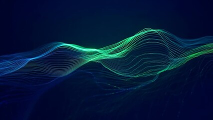 Poster - Flowing green digital waves create a mesmerizing effect against a blue background. This dynamic motion evokes a sense of energy and innovation, perfect for modern design themes