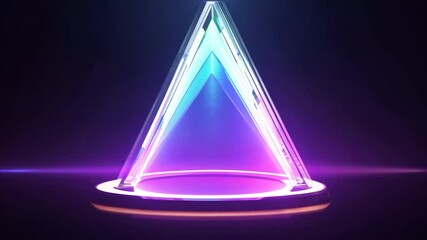 Poster - Rotating glass pyramid showcases glowing, colorful light beams against a black background, creating an abstract and futuristic visual effect that captivates the viewer's attention