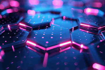 Blue and pink hexagonal grid with light effects on a dark background.