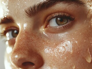 Wall Mural - A woman with green eyes and a greenish tint to her skin. She has a dewy, fresh look to her face