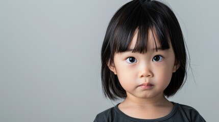 A portrait of a young girl with a serious expression. Her black hair is cut in a bob style, against a soft, neutral background.