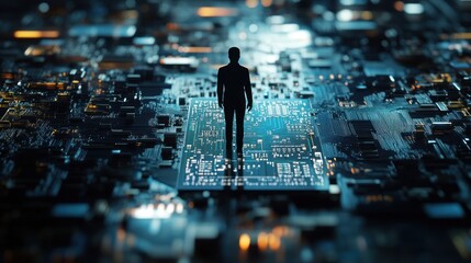 Poster - A silhouette stands on a circuit board, symbolizing the intersection of humanity and technology.
