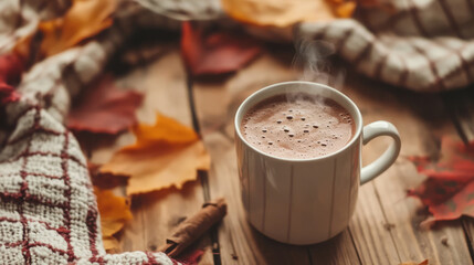 A steaming cup of hot chocolate sits on a rustic wooden table, surrounded by colorful autumn leaves and soft blankets