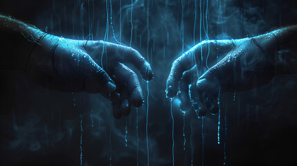 Two hands reaching toward each other, suspended in a dark, misty atmosphere illuminated by a cool blue light, glowing blue threads or droplets of liquid hang from the hands, a mysterious and ethereal 