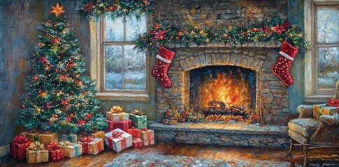 Canvas Print - With a Christmas Tree, Stockings, and Fireplace in the Living Room, you can create a cozy and warm ambience for the holiday season