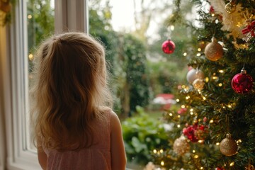 Wall Mural - View from the back of an anonymous girl looking out a window in a cozy room by the Christmas tree