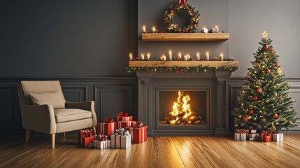 Canvas Print - This living room has a warm and cozy Christmas vibe with a classic fireplace that is decorated for the holiday season. The traditional luxury home creates the perfect atmosphere for the holiday