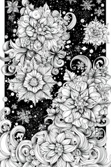 Fototapete - A detailed floral illustration showcases various flowers and swirling lines, set against a deep black background, evoking a winter atmosphere