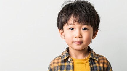 A young boy with short black hair and a friendly expression is wearing a plaid shirt over a yellow t-shirt, set against a plain white background.