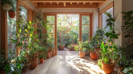 Aufkleber - A peaceful indoor space showcases numerous potted plants basking in sunlight. The wooden flooring and large windows create a warm, inviting atmosphere in this calming plant sanctuary