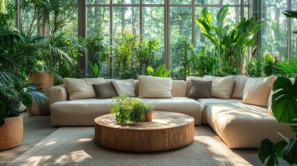 Canvas Print - A spacious lounge area features a comfortable, light-colored sectional sofa, topped with cushions, and is surrounded by various indoor plants. Sunlight filters through large windows