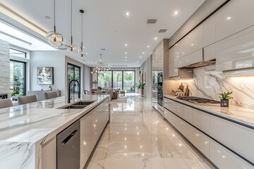 Poster - A sleek kitchen features polished marble countertops, modern appliances, and large windows that provide a view into the lush garden outside, enhancing the bright interior
