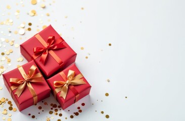 Festively wrapped red gift boxes with golden ribbons and confetti. Gift for New Year and Christmas. Top view, close-up Banner, Copyspace