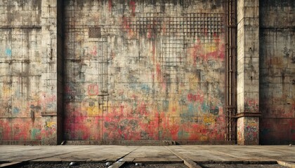 Poster - An old warehouse interior showcases a large, weathered wall adorned with colorful graffiti. The cracked surface reveals layers of paint and history in this industrial space