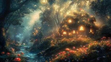 Wall Mural - Enchanted Forest Cottage: A Dreamlike Landscape