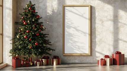 Canvas Print - A framed empty canvas is placed next to a Christmas decorated room with a lit Christmas tree and presents