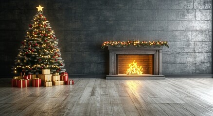 Canvas Print - The living room is decorated for Christmas with a handsomely lit tree and fireplace