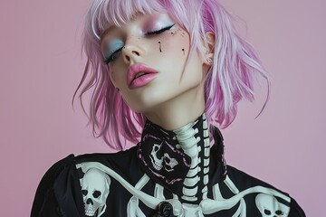 Poster - The model showcases a unique fashion look featuring a skeleton print outfit and pink hair, striking a pose against a soft pastel backdrop that enhances her dramatic makeup