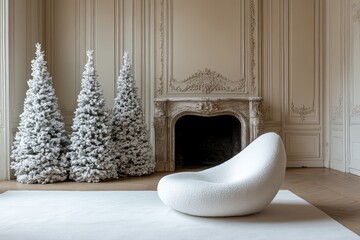 With two Christmas trees and neutral colors, this minimalist living room displays a modern holiday theme