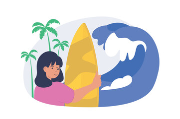 Poster - travel concept in modern flat design for web. woman with surfboard going to summer vacation to tropi