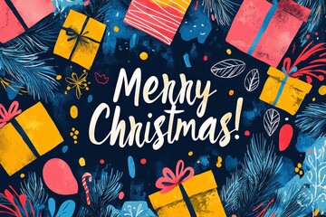 Poster - Presents in various colors are scattered around a dark blue background, surrounded by festive elements, creating a cheerful and warm holiday vibe