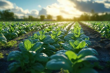 futuristic farmland with solar panels casting shadows on lush green crops bright blue skies and a harmonious blend of technology and nature promoting sustainability and innovation