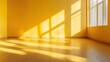 © Wijaya - Sunlight streaming through a window in an empty yellow room, creating warm and bright interior design