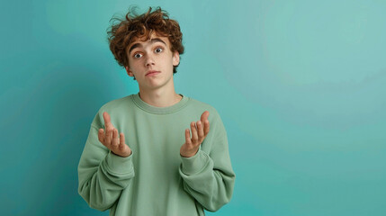 Photo of clueless gloomy schoolboy with wavy hair dressed green pullover palms demonstrate emty space isolated on teal color background