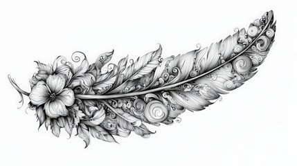 Leinwandbilder - A detailed illustration showcases a large, elegant feather intertwined with stylized flowers and swirling patterns, highlighting artistic craftsmanship and creativity
