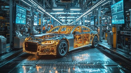 Aufkleber - A sleek car is positioned on the assembly line, with illuminating internal structures visible. Workers and advanced machinery surround it in a modern factory setting